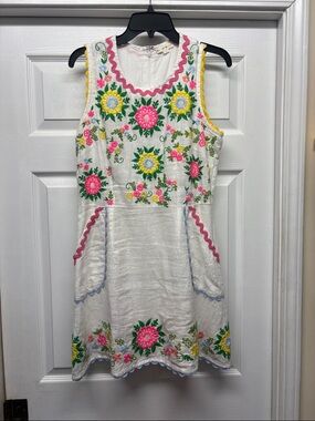 Roller Rabbit White Embroidered Floral Tank Dress with Pink Trim